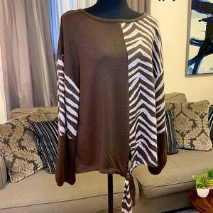 Brown/gray top. Zebra Knit fabric Ties at waist Size large Dressy casual